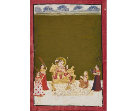 A portrait of the Maharaja of Mewar and his family, India, circa 1800, opaque pigments heightened with applied gold, the rule