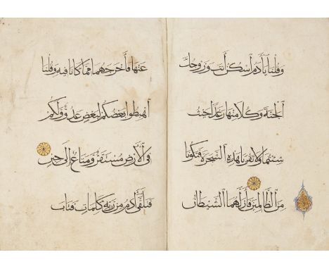 A Mamluk Qur'an section, Near East, 14th century, 6ff., Arabic manuscript on paper, with 4 lines of black Muhaqqaq script per