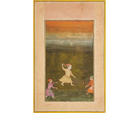 A young prince practicing polo, Imperial Mughal, 1730, opaque pigments heightened with gold on paper, depicted wearing patter