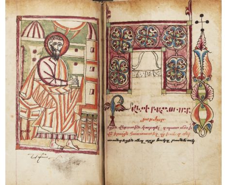 A complete Armenian book of Gospels, 16th century or earlier, Armenian manuscript on vellum, 3 (of 4) portraits of the Evange