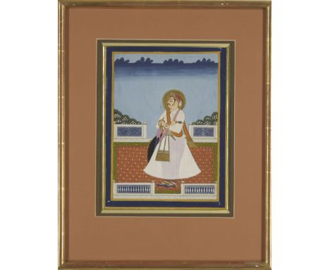 Portrait of a prince on a terrace, Jaipur, Rajasthan, India, circa 1850, opaque pigments heightened with gold on paper, depic