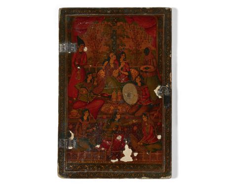 A large Qajar lacquered papier mache mirror case with harem scenes, Persia, 18th century, of rectangular form, with original 