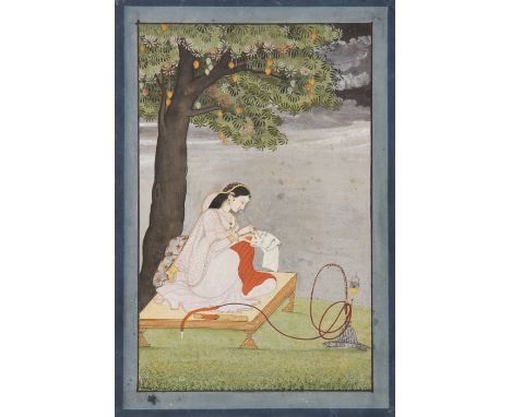 A lady writer with hookah, Pahari school, Kanrga or Guler,  North India, mid-19th century, opaque pigments and gold on paper,