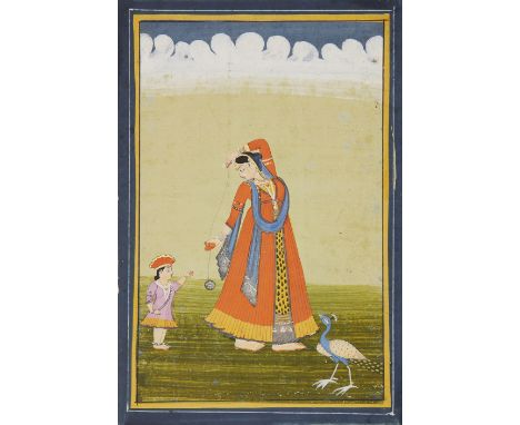 A maiden playing with her child in a garden, Jaipur, India, second half 19th century, opaque pigments on paper heightened wit