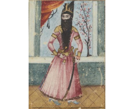 A Qajar portrait of Fath Ali Shah, Persia, circa 1850, opaque pigments on paper heightened with gold, possibly a folio from a