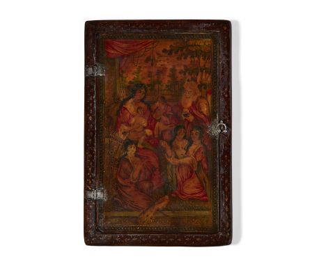 A Qajar lacquered papier mache mirror case, Persia, 19th century, of rectangular form with hinged lid and steel fittings, the
