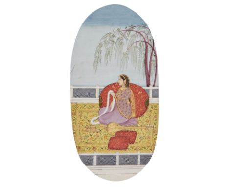 A female musician with garland of flowers, Garhwal, North India, mid-19th century, opaque pigments on paper heightened with g