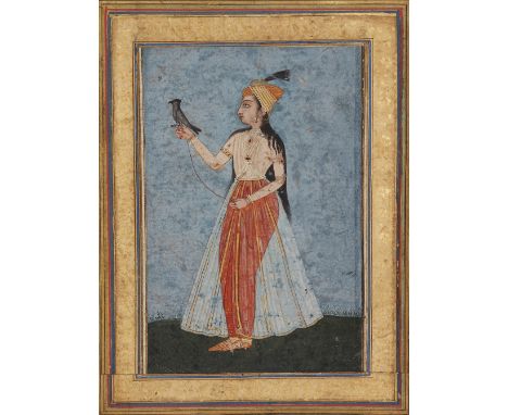 Portrait of a Lady and falcon, Oudh, North India, circa 1770, opaque pigments on paper heightened with gold, depicted standin