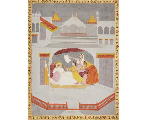 A prince on a terrace with female attendants, Oudh, North India, circa 1800, opaque pigments on paper heightened with gold, t