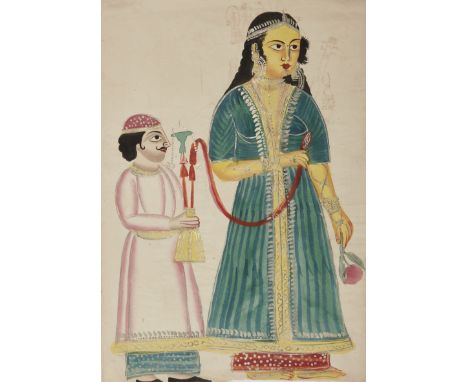 A Kalighat painting of a woman and attendant, Bengal, India, circa 1870, opaque pigments on paper heightened with silver, the