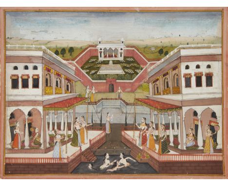 Ladies bathing in a palace pool, Kishangarh, Rajasthan, North India, late 18th-early 19th century, opaque pigments on paper h