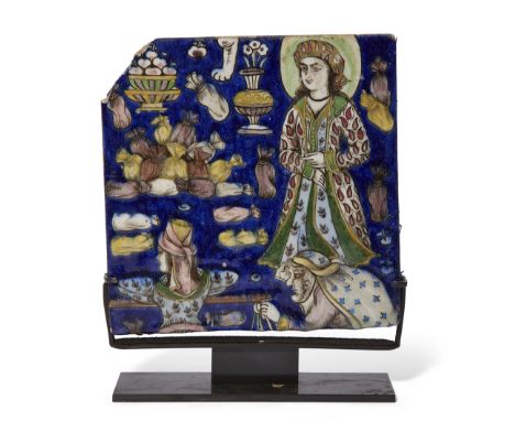 A Qajar moulded pottery tile, Persia, 19th century, of square form, underglaze painted and illustrating a market scene, to le