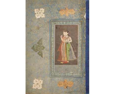 Two courtesans, Oudh, North India, 19th century, laid down on an earlier Safavid album folio, Iran, 17th century, opaque pigm