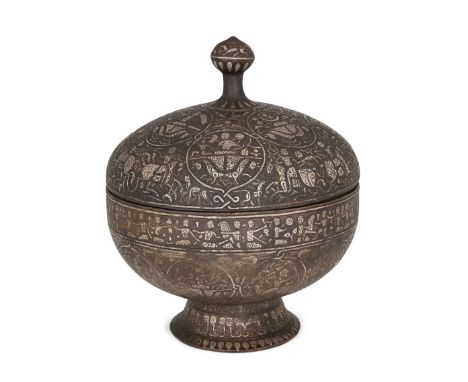 A Group of Important Works - To be sold Without ReserveA replica Mosul silver-inlaid covered bowl (tazza), 20th century, exte