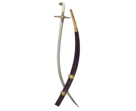 A Shamshir sword, Persia, 19th century, with curved, single-edged, tapering watered-steel blade, the hilt with cusped ivory g