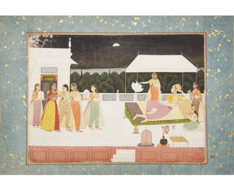 A painting of an nobleman reclining on a couchby moonlight, Oudh, North India, circa 1750, opaque pigments heightened with go