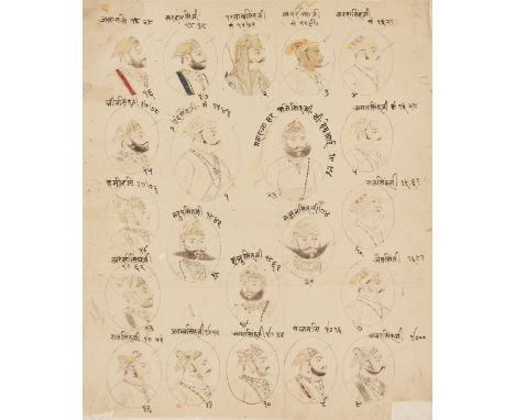The Sisodia Dynasty of Mewar, Udaipur, North India, 19th century, ink on paper heighted with opaque pigments, depicting the l
