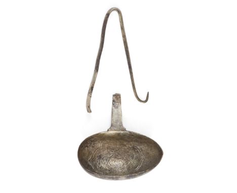 An Ilkhanid or Goldon Horde engraved parcel gilt silver spoon, Central Asia or North Iran, 14th century, with elliptical mout