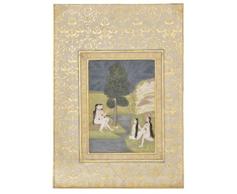 A folio from the Ardeshir album, Ladies bathing, Provincial Mughal, Lucknow, circa 1780, opaque pigments heightened with gold