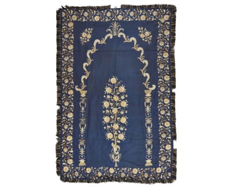 A large Ottoman embroidered panel (Bocha), Turkey, 19th century, of rectangular form, the dark blue cotton ground finely embr