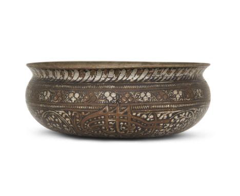 A lac- and silver-inlaid bidri bowl with tughras, Indian for the Ottoman market, 19th century, of deep form with slightly fla