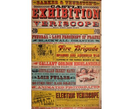 Early Cinema. A late-Victorian poster advertising "Barker &amp; Thurston's Castle Exhibition and Edison's Electric Veriscope"