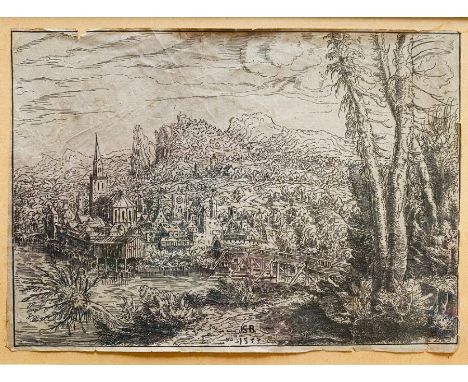 Hanns Lautensack [by or after]. Landscape with Wooden Bridge to a City, dated 1553 on the plate, etching, 12cm by 17cm, frame