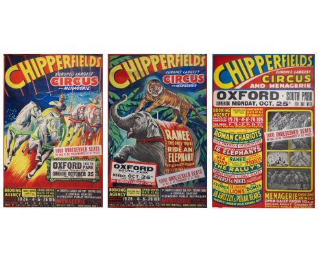Vintage Circus Posters. A collection of six original "Chipperfield's Circus" posters advertising shows in Oxford, vibrant col