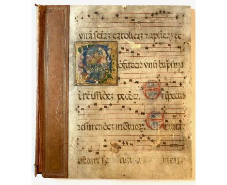 Medieval music manuscript, vellum, fragment, rubricated capitals, illuminated gilt panel depicting woman playing lute, used f