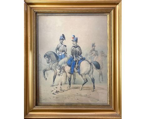 A collection of prints to include a large 19th-century hand-coloured lithograph depicting cavalry soldiers in regimental unif
