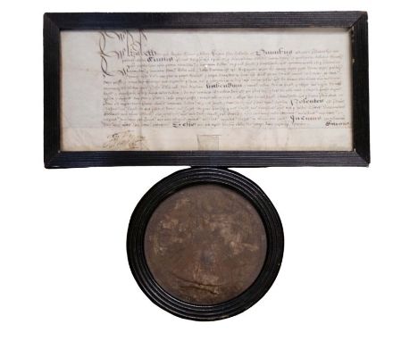 Elizabeth I Great Seal. Letters Patent. Licence of property alienation, manuscript in 14 lines on vellum, the Great Seal in b