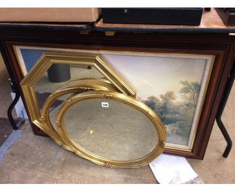 Gilt framed mirrors and a print