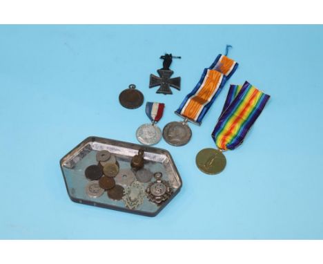 Boxed World War I pair of medals, CPL M. Milburn, W. York's, R., a British World War I propaganda Iron Cross etc.