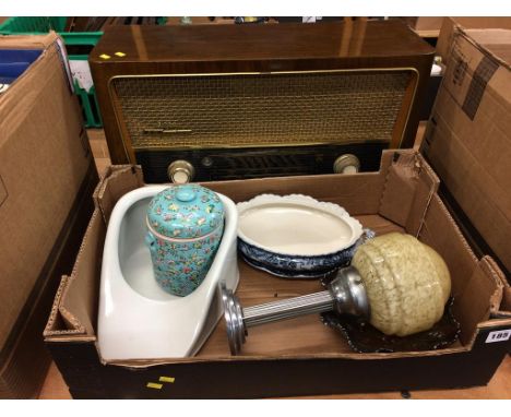 A box of assorted, to include a tea caddy and a radio