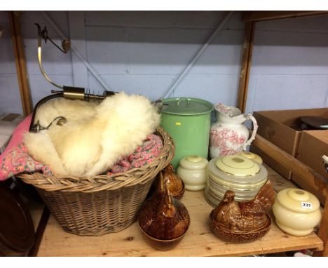 An enamel bin and light fittings etc.