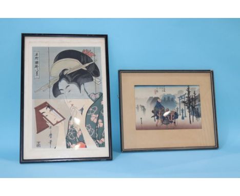 Two Japanese prints, 47cm height x 32cm width and 32cm height x 39cm width approx. (Incl. frame)