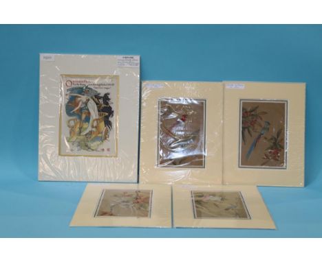 A collection of Oriental watercolours, on silk and a print (5)