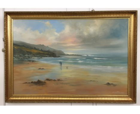 Richard Blowey (b. 1947): A large seascape with two figures and a dog, oil on canvas, signed lower right 