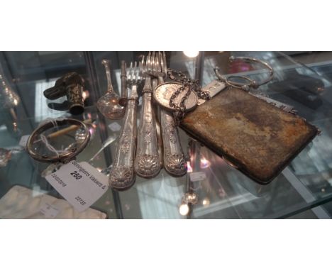 Various items of silver to include a cigarette case, Sampson Morden pencil, forks, coin, two silver bars on chains; a metal c