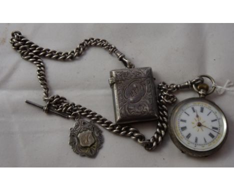 A ladies .800 silver pocket watch on silver Albert chain with fob and vesta, c1890