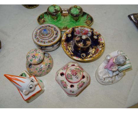 A quantity of seven ceramic inkwells to inc a porcelain and gilt inkwell, base inscribed 'Sevres'; together with an English p