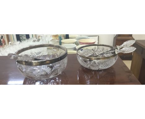 Two HM silver rimmed cut crystal salad bowls with HM silver servers