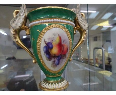 A Royal Worcester Edwardian swan-handled vase with painted fruit panel signed R Sebright CONDITION REPORT: Stands 13cm high, 