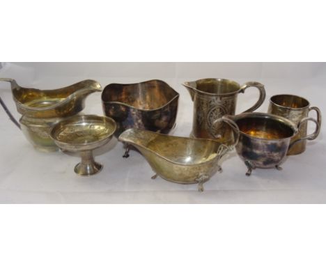 A George III silver cream jug by John Emes, London 1803; A Victorian christening mug with later spout; sauceboat; small silve