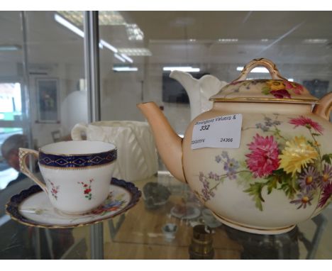 A Royal Worcester leaf blanc de chine sugar bowl and creamer; together with a blush ivory teapot and an early Royal Worcester