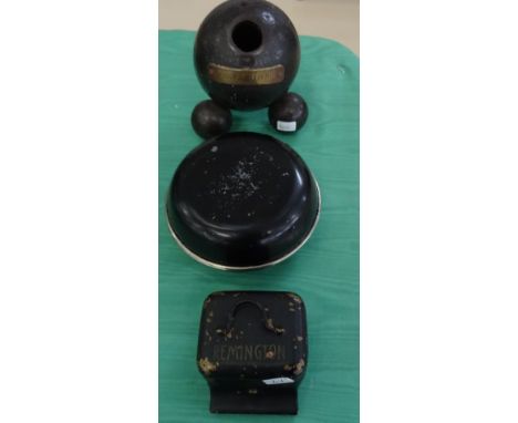 An inkwell in the form of a cannonball with brass plaque inscribed "Siege De Paris 1871"; together with a tin inkwell in the 