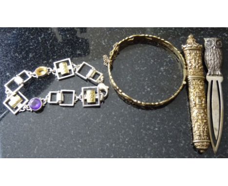 A 925 bracelet set amethyst/citrine; together with a bodkin case, a silver bookmark and a gold-plated bangle