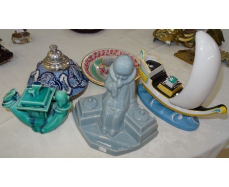 A quantity of five inkwells to inc a French silver mounted Delft style inkpot, a French Art Deco porcelain "Pierrette" inksta