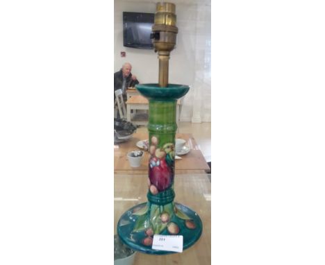 A Moorcroft Finches Green candlestick in the form of a lampbase