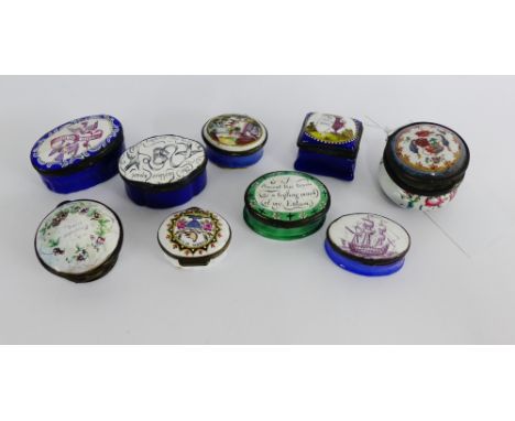 A group of eight enamel patch boxes to include Battersea enamels together with a Lowestoft patch box, (9) 